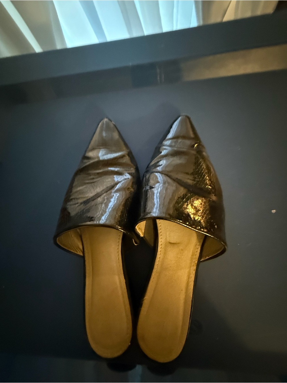 Pointed Toe Black Patent Slip-On Mules